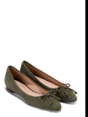 Cole Haan Olive Green Suede Pointed-Toe Ballet Flats with Bow